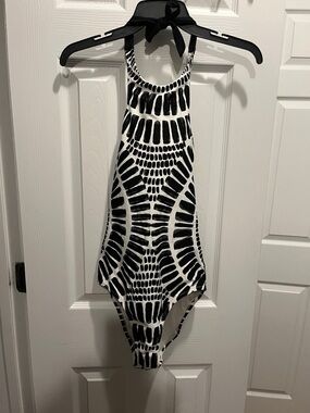 Trina Turk Black and White Graphic Halter One-Piece